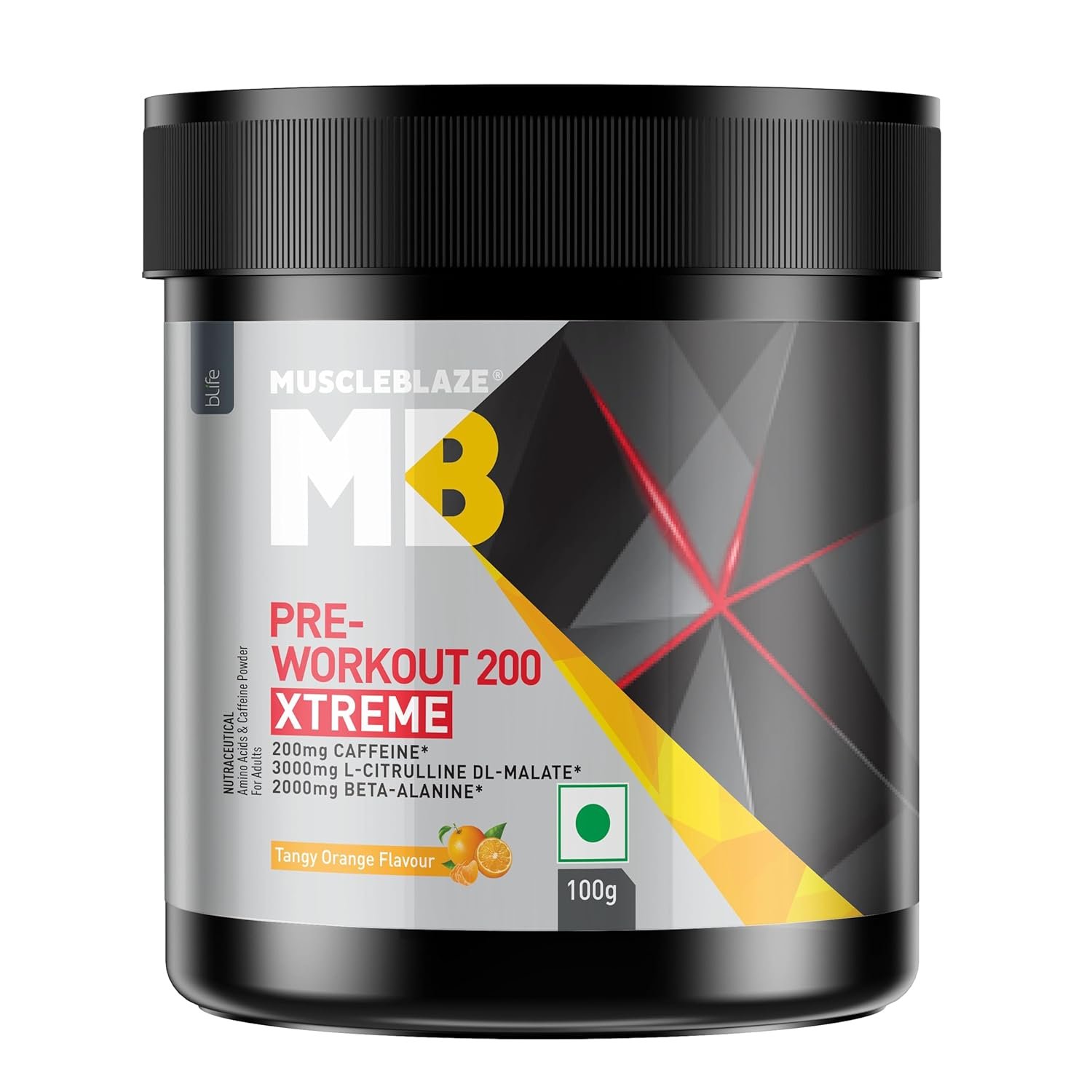MuscleBlaze Pre Workout 200 Xtreme Powder, Tangy Orange